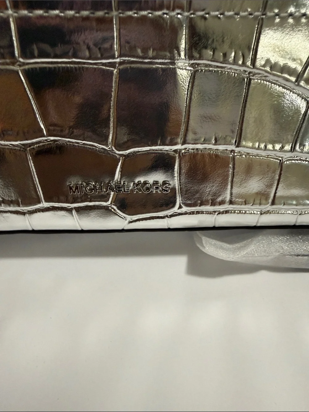 Michael Kors Metallic Silver Croc-Embossed Mini Vanity Bag